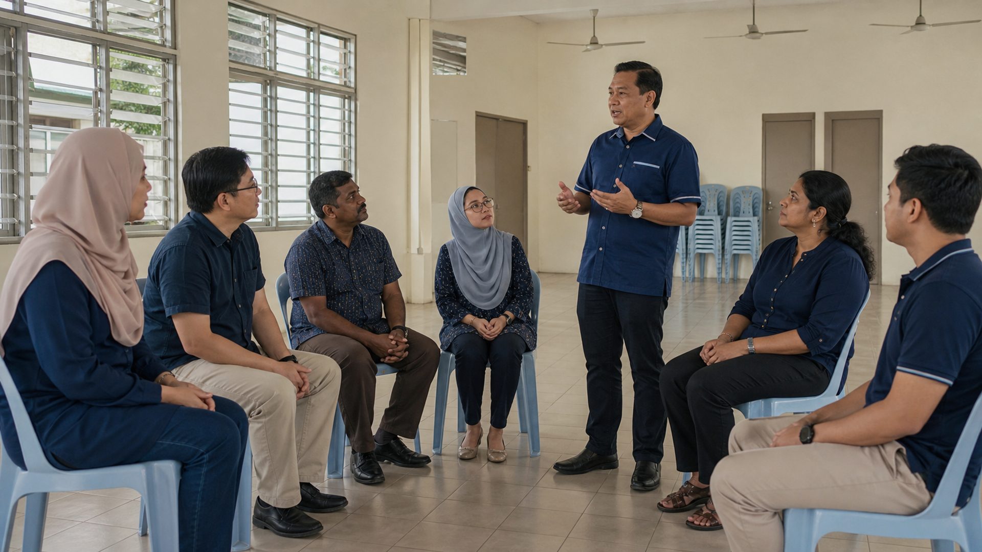 Penduduk berbilang kaum berbincang di dewan komuniti, seorang sedang bercakap