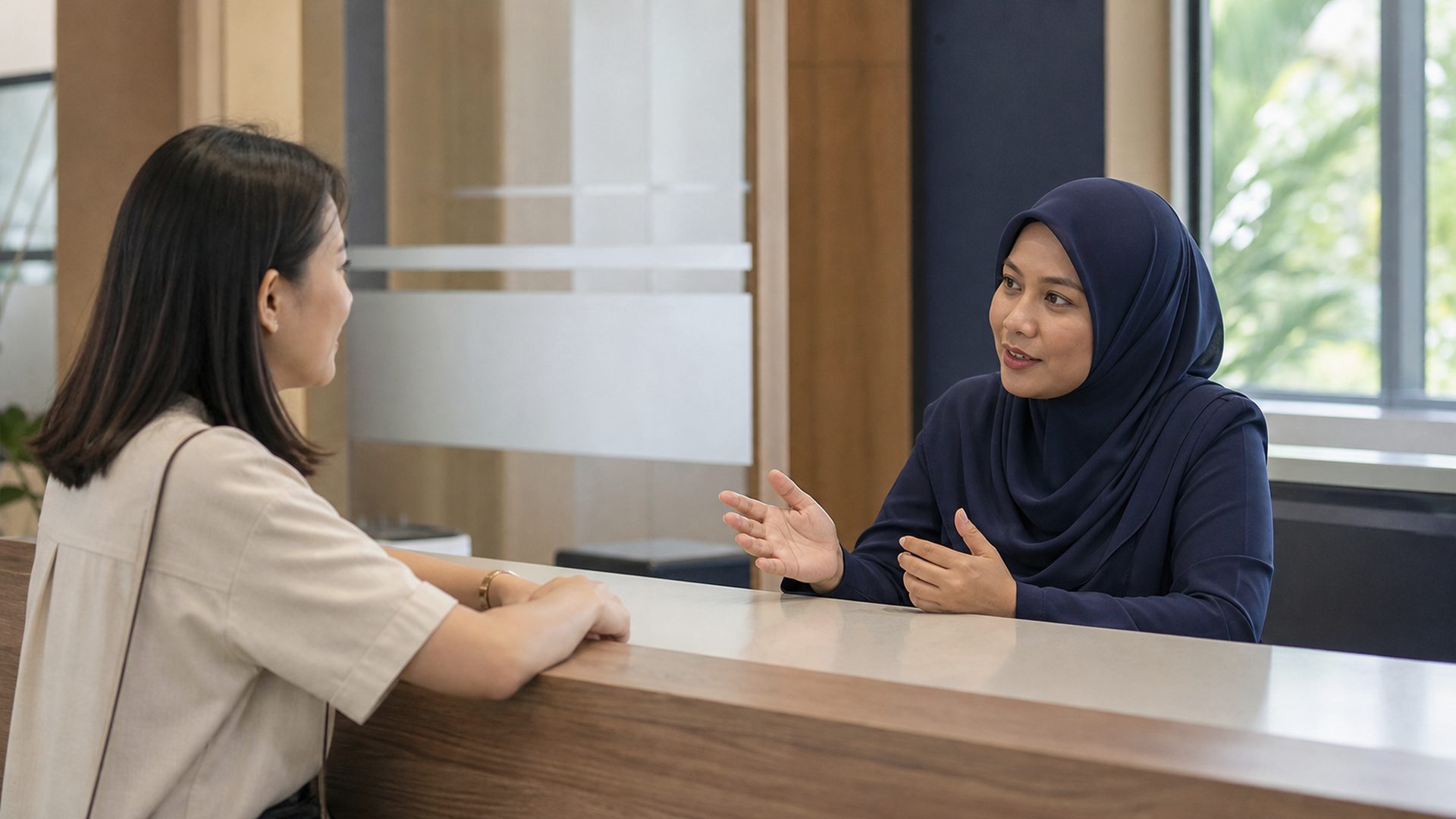 Pegawai wanita di kaunter perkhidmatan awam melayan orang ramai