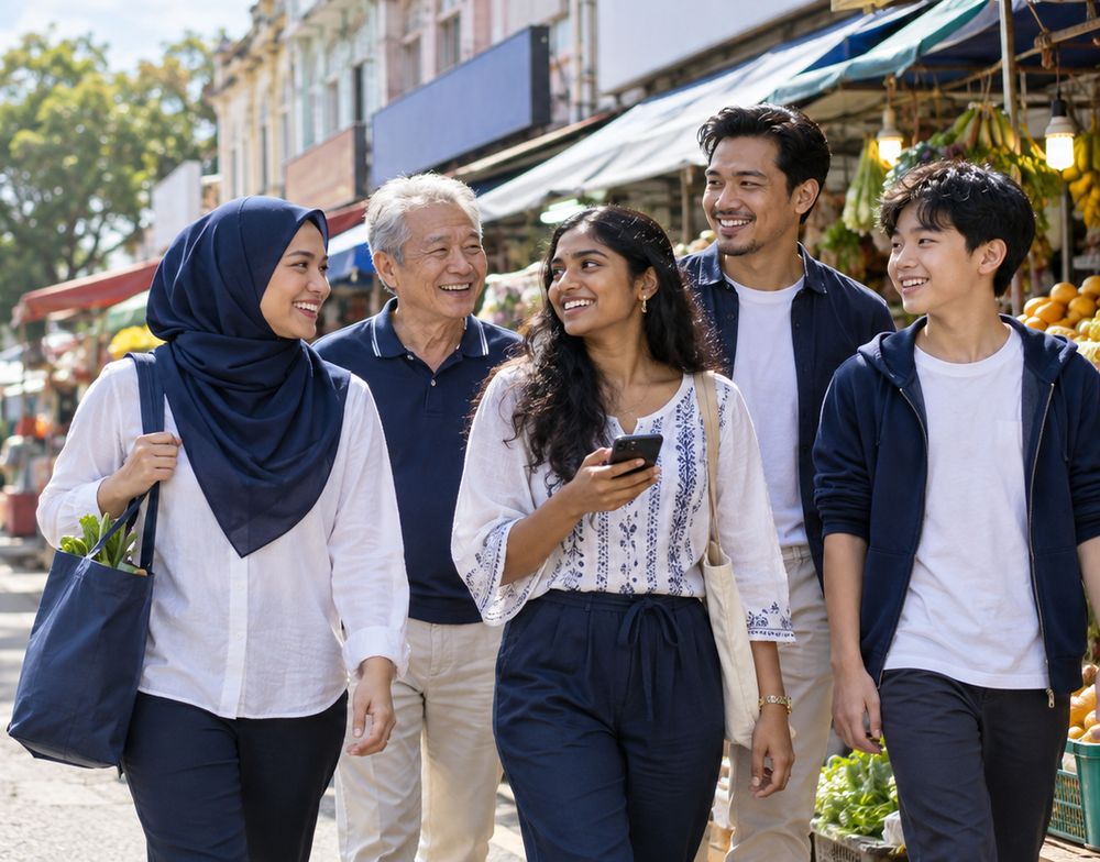 Lima pengguna Malaysia pelbagai kaum dan usia berjalan bersama di jalan pasar