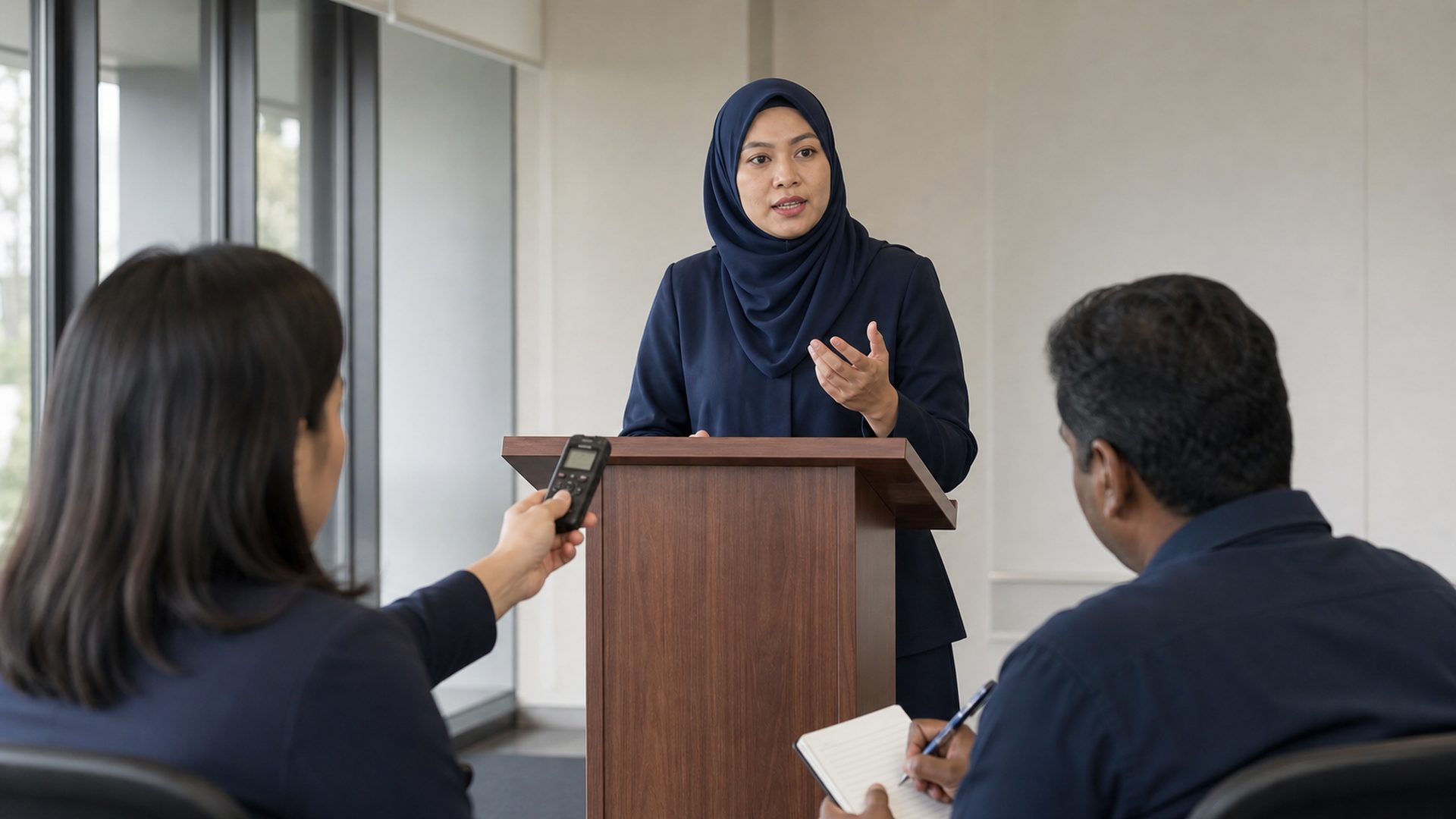 Seorang pegawai wanita bertudung bercakap di podium semasa sidang media, dua wartawan di hadapan