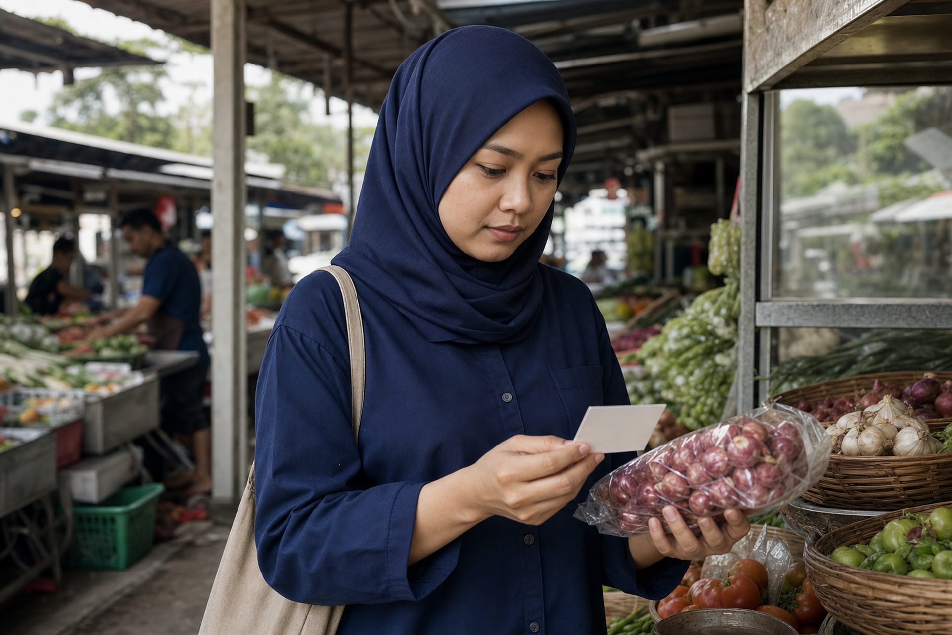 Seorang wanita memeriksa label harga produk di pasar basah