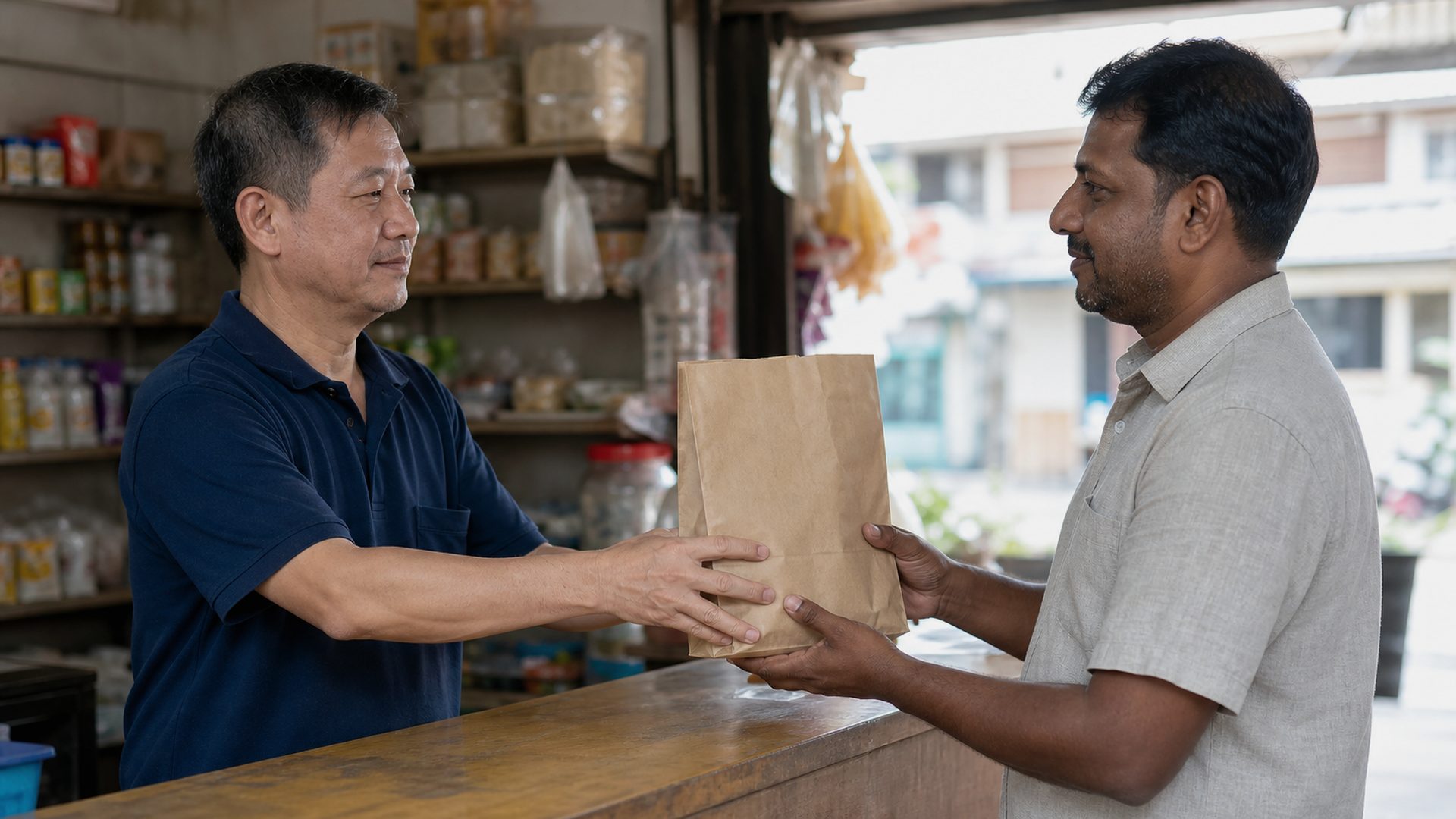 Peniaga kedai runcit menyerahkan beg kertas kepada seorang pelanggan