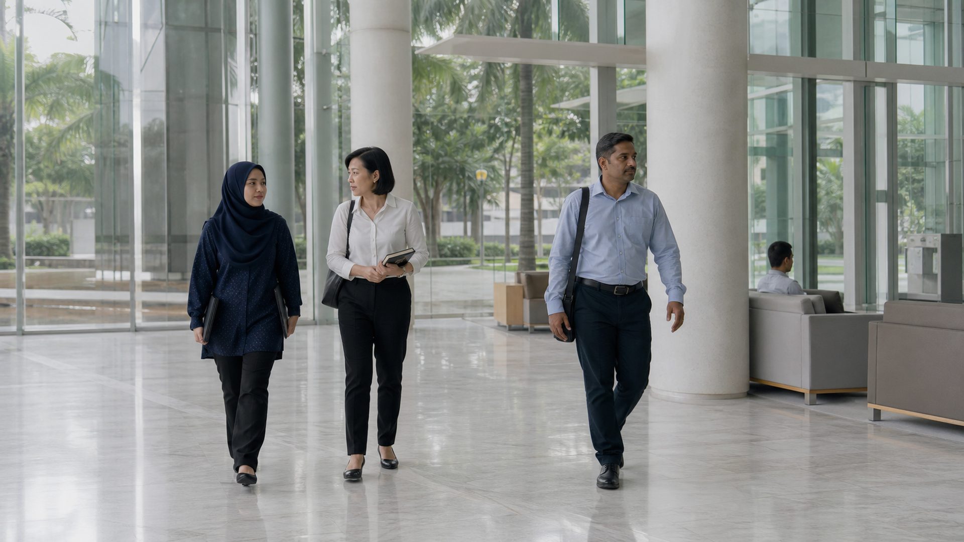 Lobi pejabat kerajaan Malaysia dengan cahaya siang dan beberapa orang berjalan